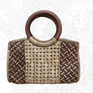 Handmade Woven Pandan Leaves Multicolor HandBag with Wooden Handles, Mini